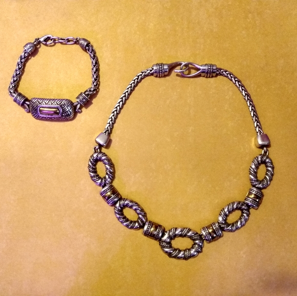 16" Links & Station Silvertone Necklace & Bracelet - Picture 2 of 6